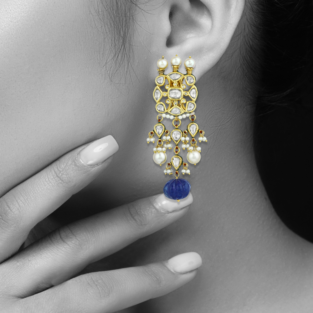 Polki Earring with Carved Blue Bead and Pearl Drops